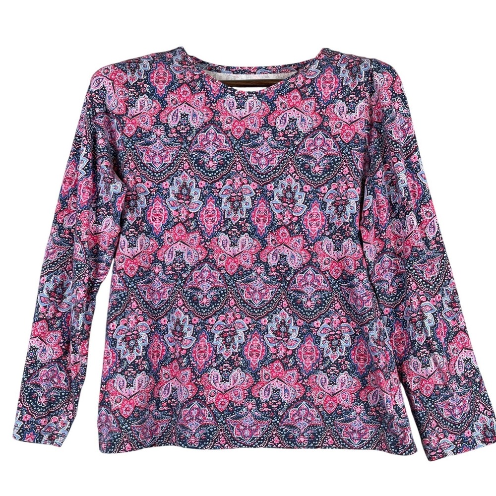 Talbots Womens M Paisley Knit Top Pink Blue Stretch Long Sleeve Casual Soft Tee